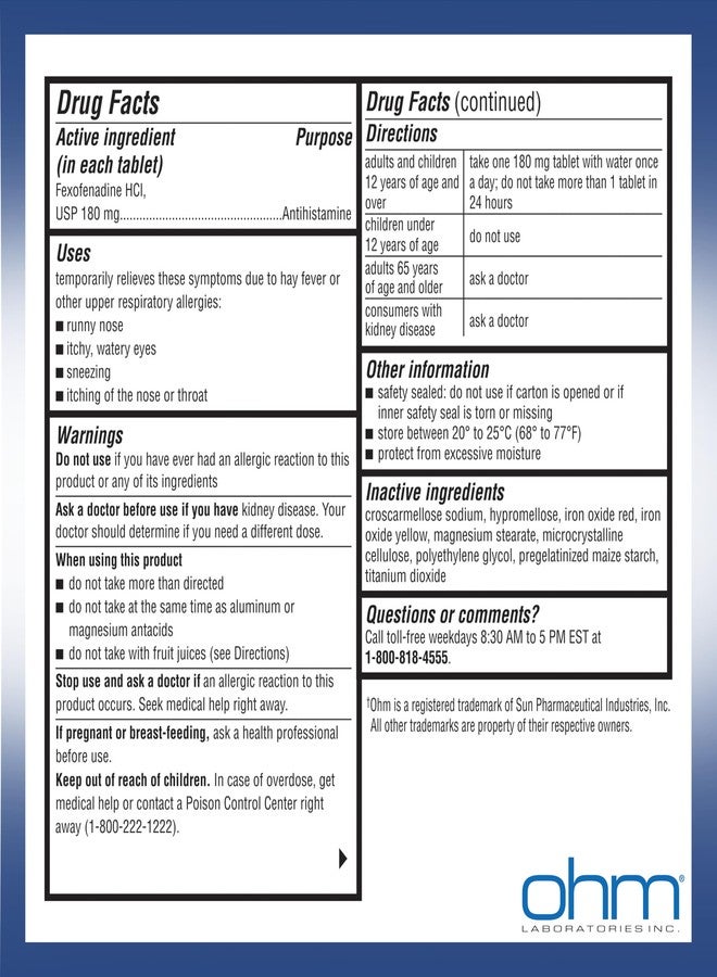 Ohm Non-Drowsy Fexofenadine Antihistamine Indoor Outdoor Allergy Relief Tablets 30ct - Image 3